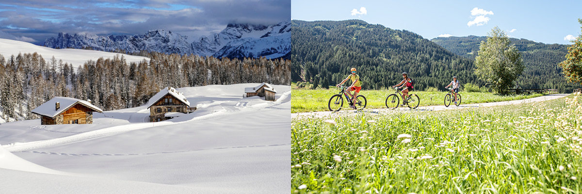 mountain landscapes with cabins in the snow on the left and cyclists on the right 
